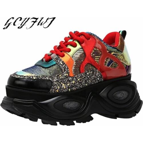 Women Sneakers Lace-Up Round Toe Flat Platform Shallow Thick Bottom Ladies Shoes Mixed Colors Genuine Leather Chaussure Femme