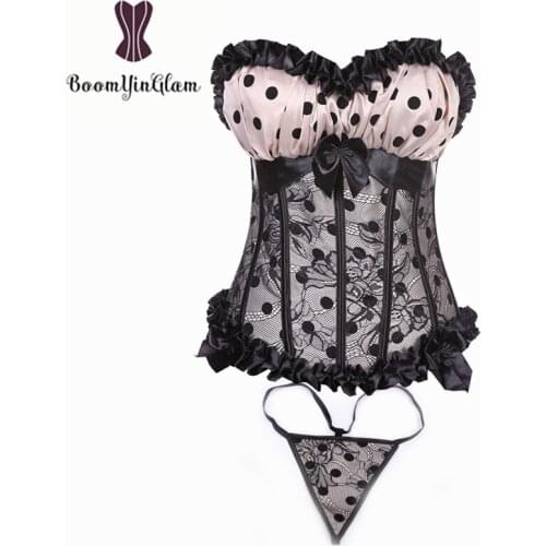 Womens Polka Dots Padded Bra Flower Lace Corset Bustiers Showgirl Costumes Basques Plus Size 8899