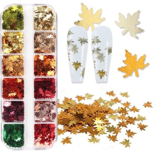 12Grids Holographic Glitter Sequins Nail Art Autumn Maple Leaf Gold Red Laser Gradient Paillette Metallic Flake Nails Accessory
