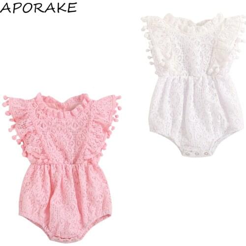 2021 0-18M Baby Girls Casual Romper Flower Lace Tassels Round Collar Sleeveless Hem O Neck Playsuit Summer Outfit Pink/ White