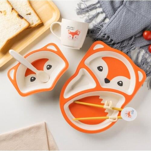 5Pcs/set Eco-friendly Bamboo Fiber Baby Plate Dishes Children Tableware Set Dinnerware Creative Feeding Bowl Separation Plate
