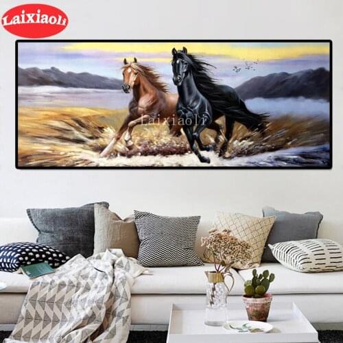 Diy diamond embroidery two horses running landscape diamond painting full square round mosaic 5d picture rhinestone cross stitch
