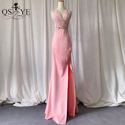 Long Pink Evening Dress Deep V Neck Mermaid Formal Gown Sequin Fit Evening Gown Sexy Split Party Dress Stretch Crisscross Gown