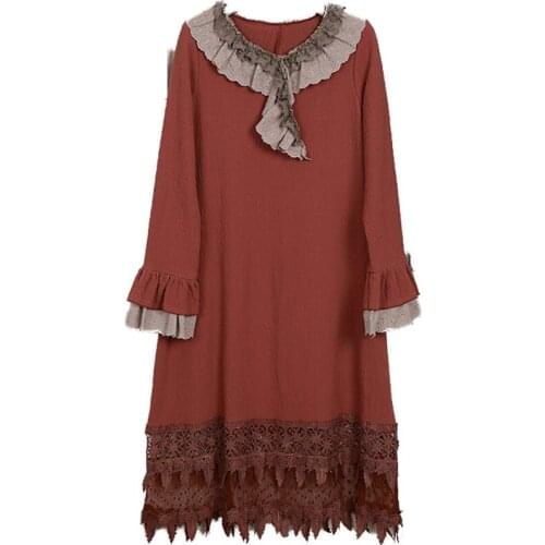 Japanese Vintage Retro Mori Girl Cotton Linen Embroidery Crochet Women Long Flare Sleeve Cotton Linen Autumn Dress Vestidos