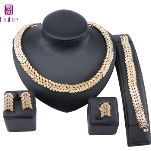 Women Gold Color Crystal Necklace Earrings Bracelet Ring Fashion Charm African Wedding Nigeria Jewelry Sets