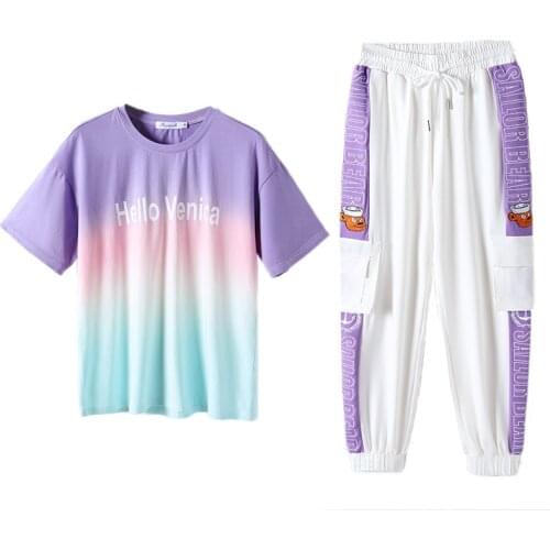 2021 New Korean Sport Two Piece Set Fashion Women Clothes Summer Casual Sportswear Print Short Sleeve T shirt+Harem Pants Female