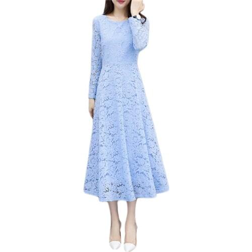 Lace dress women blue long sleeve 2020 autumn new Korean temperament slim black white plus size party maxi dress feminina JD806