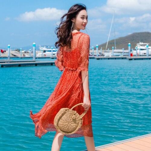 Summer Women Beach Dress Silk Mid Print Floral Dresses Elegant Red Dress Robe Femme Vestidos Evening Party Dresses LW2887777