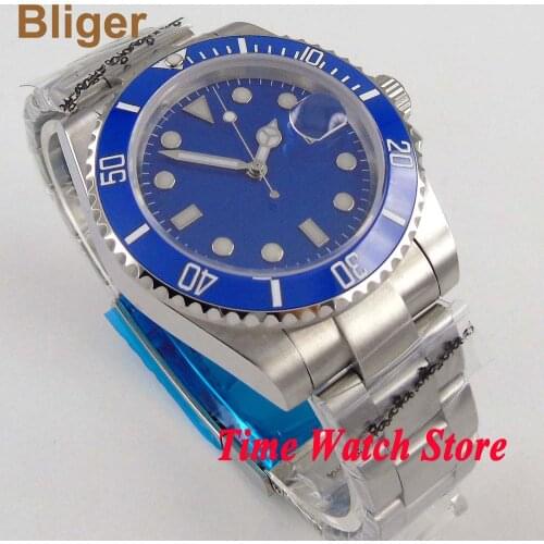 40mm Bliger Miyota 8215 Automatic wrist watch men sapphire glass blue dial super luminous ceramic bezel date waterproof