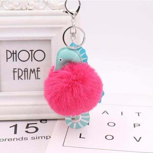 New Fashion Faux Fluffy Puff Ball Lovely Leather Seahorse Pompom Keychain car Key Chain Ring Women handBag Pom pom Jewelry