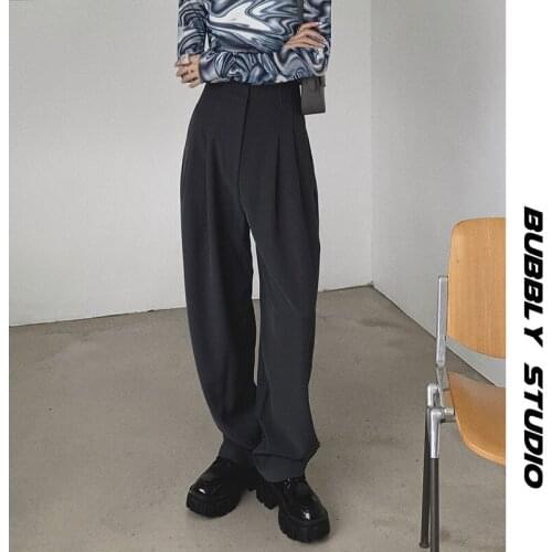 Autumn and Winter Womens Fashion Casual Trend High-waist Straight-leg Comfortable Wide-leg Retro Suit Pants Loose Solid
