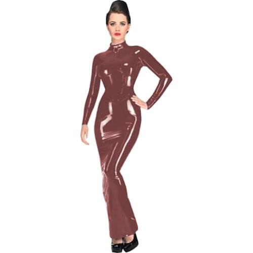 New Hot Sexy Ladies Long SleeveTurtleneck Faux Leather Dress Women Dress Halloween Clubwear PVC Zipper Costume