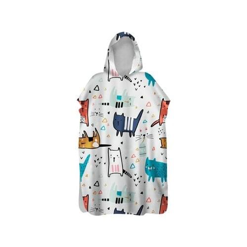Cute Cat Series Pattern Beach Poncho Towel Duble-faced Velvet Quick Drying Bath Cloak Towel For Swimming Surf Changing Robes