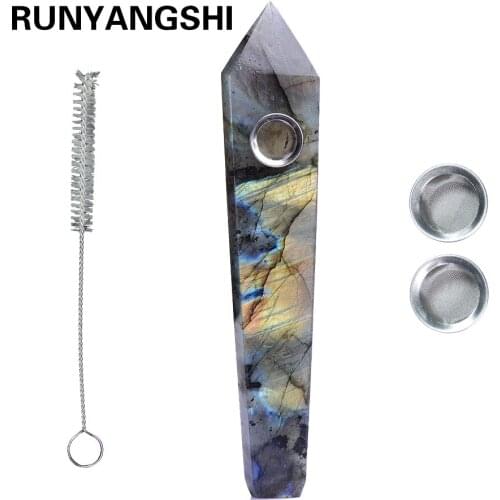 15cm Natural Quartz Smoking Pipe Crystal Point Wand labrador feldspar Tower Crystal Healing Crystal gemstone With Metal Filter