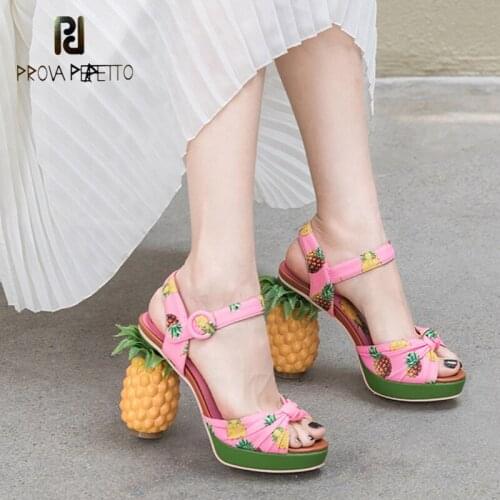 Fish Mouth Sandals Color Matching Printed Leather Round Toe Waterproof Platform Ankle Buckle Super High Heels Pineapple Sandals
