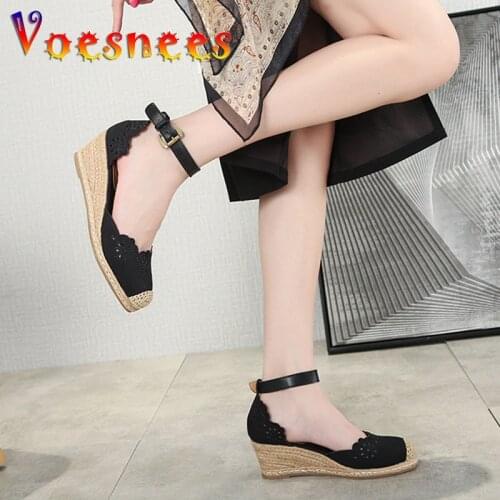 New Hollow Out Wedges Women Sandals 5CM Flock Ankle Buckle Strap Sandals High Heel Gladiator Rattan Grass Woven Fisherman Shoes