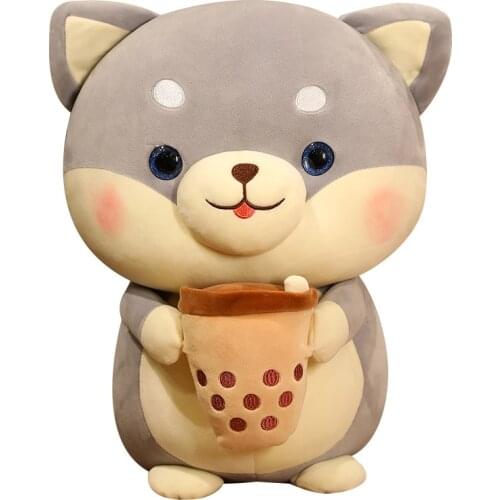 Nice 20/35/45cm Cute Shiba Inu Dog with Bubble Tea Cup Plush Toy Stuffed Fluffy Animal Puppy Doll Pillow Kids Creative Xmas Gift