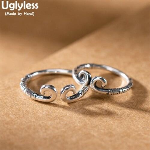 Uglyless Real 990 Pure Silver 1 Piece Lovers Rings Curved LOVE Couples Jewelry Thai Silver Women Men Rings Retro Totem Bijoux