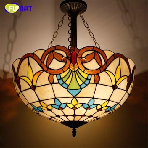 FUMATStained Glass Pendant Lamp Retro Glass Lampshade Lights Sun Flower Baroque Restaurant Kitchen Lamp Hotel Light Fixtures