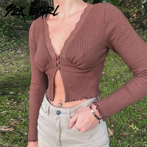 Y2K EGIRL Vintage Deep V-neck Lace Trim Brown T-shirts 90s Aesthetics Long Sleeve Slim Hem Ruffles Cropped Tops Sexy Partywear