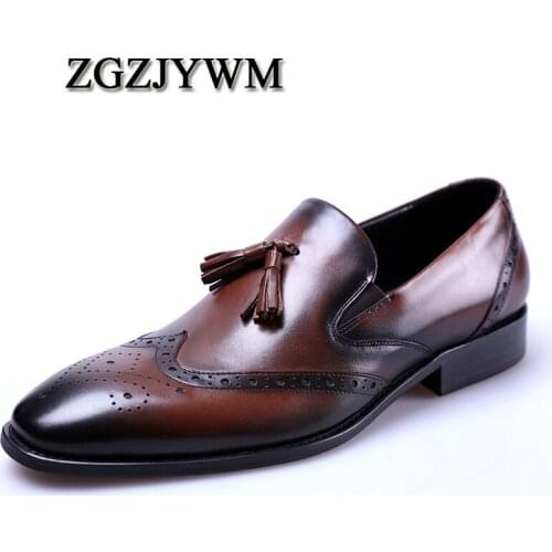 ZGZJYWM New Black /Wine Red Oxfords Formal Mens Dress Slip-On Pointed Toe Genuine Leather Business Man Wedding Shoes With Tassel