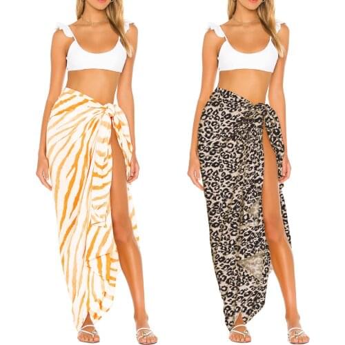 Women Summer Beach Skirt Stripe/Leopard Print Knotted Sarong Bikini Cover-Ups Sun-Proof Swimsuit Cover for Female Chiffon Skirt