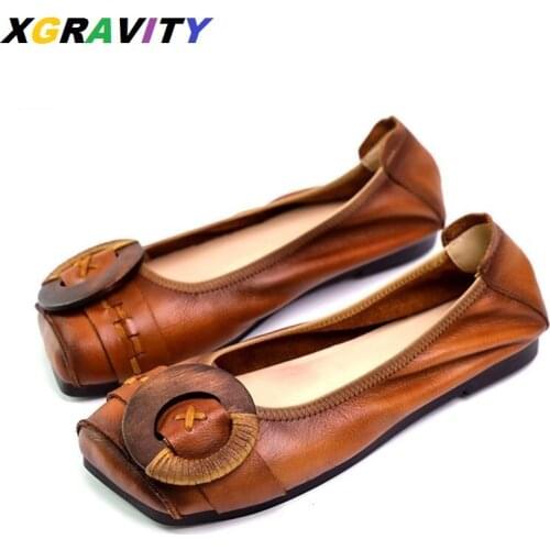 XGRAVITY Branded Female Shoes Square Toe Casual Ladies Loafers Cow Genuine Leather Flat Shoes Vintage Floral Flats Shoes Mother