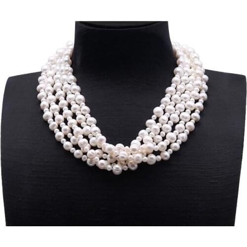 Women Jewelry 5 Rows natural pear 10mm Bright white baroque pearl necklace Natural freshwater pearl 17