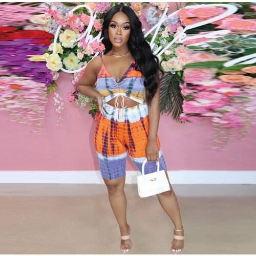 Gradient Tie Dye Printed Two Piece Short Set Womens Clothing Ruched Drawstring Camisole Crop Top+skinny Biker Short Sweatsuits