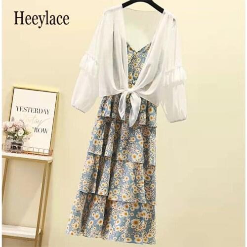 Dress Set Women Summer 2021 New Sun Protection Clothing Chiffon Shirt + Sleeveless Print Sundress Female Dresses Suit