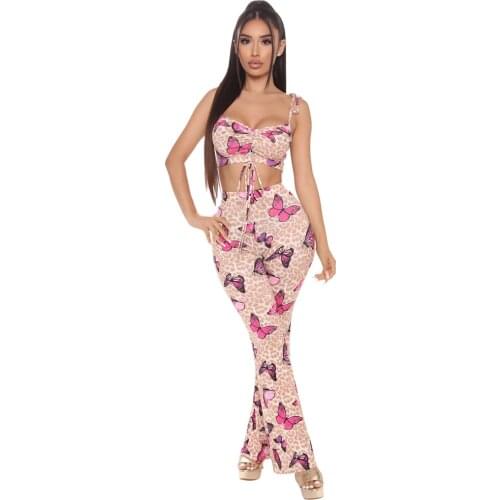 Womens Sexy Tube Top Camisole Printed Pants Two Piece Set