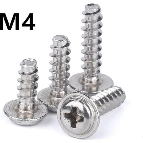 100pcs/lot M4x8/10/16/20mm 304 stainless steel PWB plate head, flat tail and cushion self-tapping screw