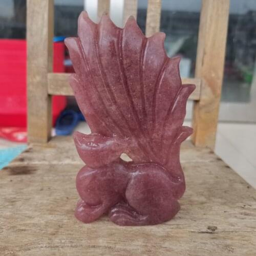 AAA+ 100% Natural Strawberry Crystal Carved Nine-tailed Fox Gem Crystal Animal Carving Statue Decoration