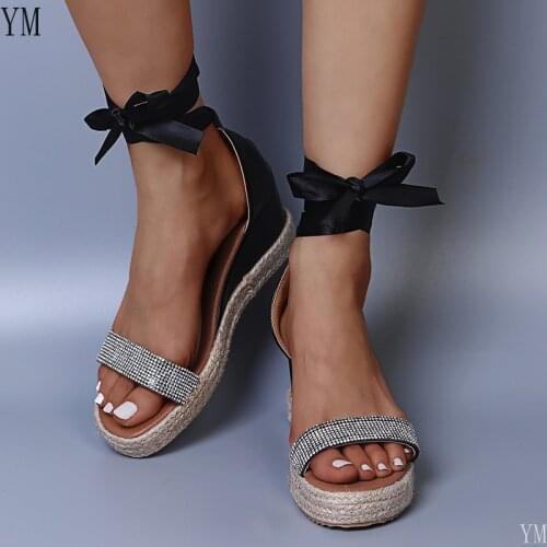 Ankle Bowtie Women Summer Butterfly Knot Hemp Rope Crystal Open Toe Sandals Fashion Platform High Heel Wedge Shoes Dress Shoes