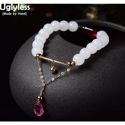 Uglyless Natural Jade Beads Bracelets for Women Adjustable Infinity Elastic Rope Bracelet 925 Silver Jewelry Tourmaline BR316