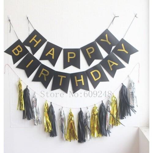 Black Kids Happy Birthday Party Decorations Set,Banner Bunting Flag,Gold Silver Foil White Tissue Paper Tassel Garlands Bulk