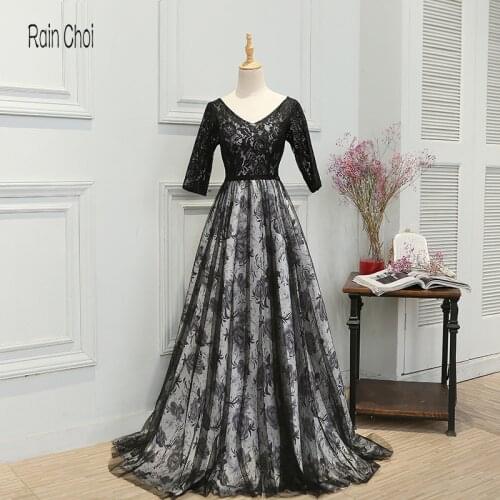 Long Prom Dress 2021 3/4 Sleeves Formal Party Gown Black Evening Dresses Robe De Soiree