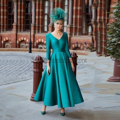 Elegant Ankle Length Mother of The Bride Dress V Neck 3/4 Sleeves Simple A Line Satin Grooms Mom Wedding Party Dresses