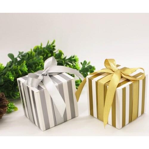 F5.5*5.5*5.5CM Party Supplies Event paperboard Golden Silver Striped Square Wedding Packaging Sugar Gift Boxes ribbon 50pc/lot