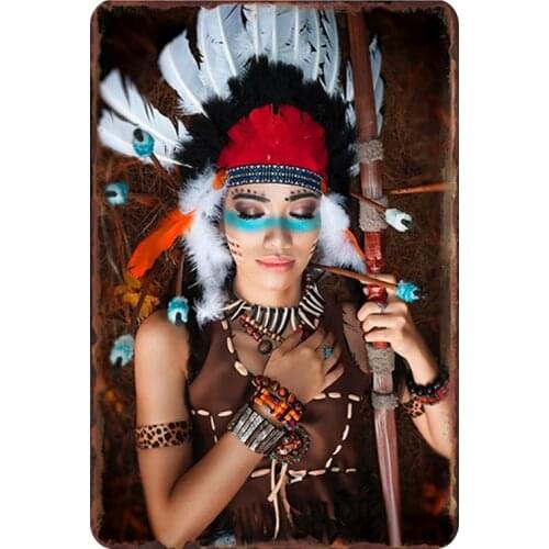 Intellectual Indian Woman Metal Sign Plaque Vintage Native Indians Beauty Girl Tin Sign Wall Decor for Bar Pub Club Tin Plate