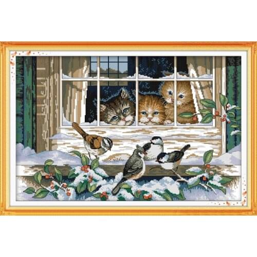 Joy Sunday Cute Cats Cross Stitch Kits Scenery Outside The Window Printed Chinese Embroidery Needlework Set Decorations for Home