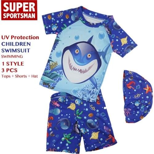 Summer Toddler Boy Cartoon Shark Swimwear Children Anti-UV Two Piece Swimsuit Kids Bathing Swimming Suit Beach Swim Clothes 3pcs