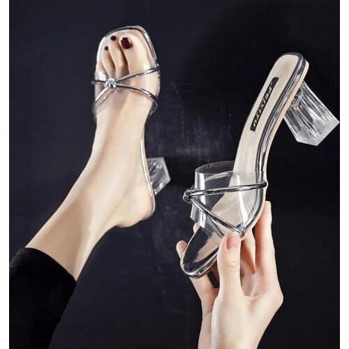 Women PVC Jelly Clear Crystal High Heels Designer Summer Outdoor Slippers Sexy Party Silver Slides Square Toe Mules Shoes 2021