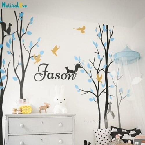Large Tree Wall Decal Set With Squirrel And Bird Custom Name Nursery Tree Art Home Decor Mural Stickers Removable YT4337