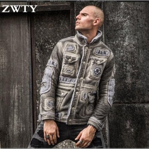 ZWTY Distressed Leather Mens Trendy Hip-Hop Imitation Fur One Men Coat Locomotive Retro Multi-bag Thickening Trend Coat Winter