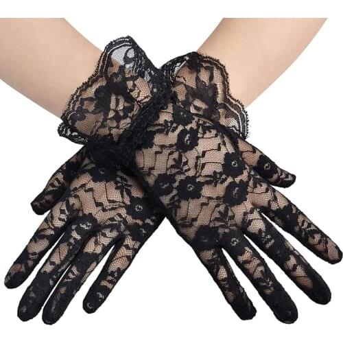 Women Vintage Sheer Short Lace Gloves Derby Tea Party Wrist Length Floral Gloves for Dinner Costume Accessories Gloves