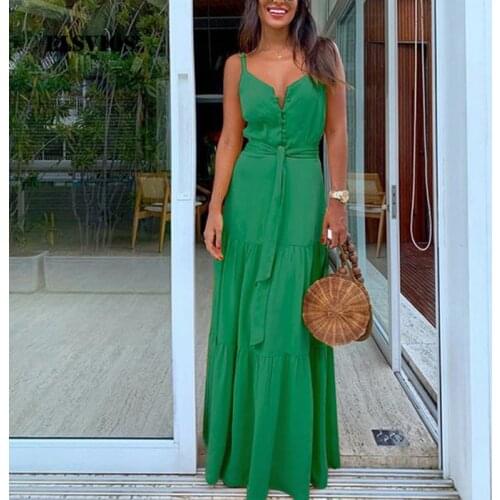 Summer Fashion Women Sweet V Neck Buttons Patchwork Sling Long Dress Casual Solid Color Elegant Sleeveless Slim Office Vestidos