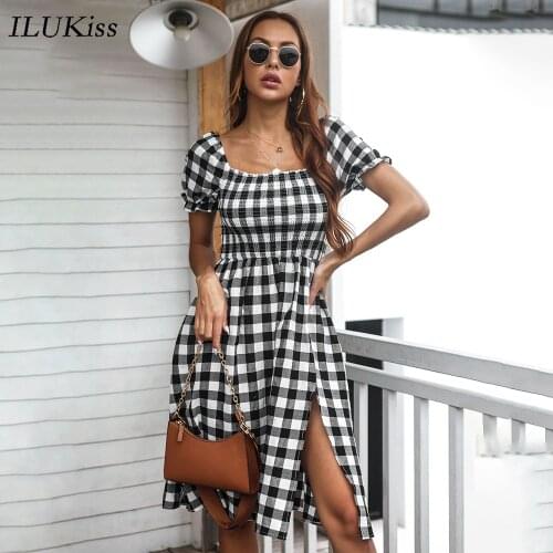 Summer Women Short Sleeve Midi Dress Slim Plaid Print 2021 Fashion Square Collar Backless Dresses Casual Elegant Clothing