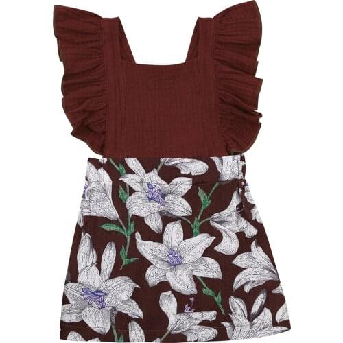 Momtuesdays2 Girls Casual Dress, Floral Printed Pattern Square Collar Sleeveless One-piece, Red/ Brown 2021 New