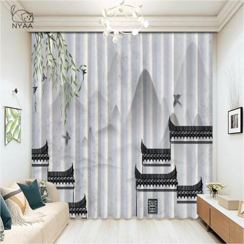 Ink And Wash Landscape Painting Curtains Bedroom French Window Curtains On The Door Cafe Decoration Curtain Hooks Micro Shading